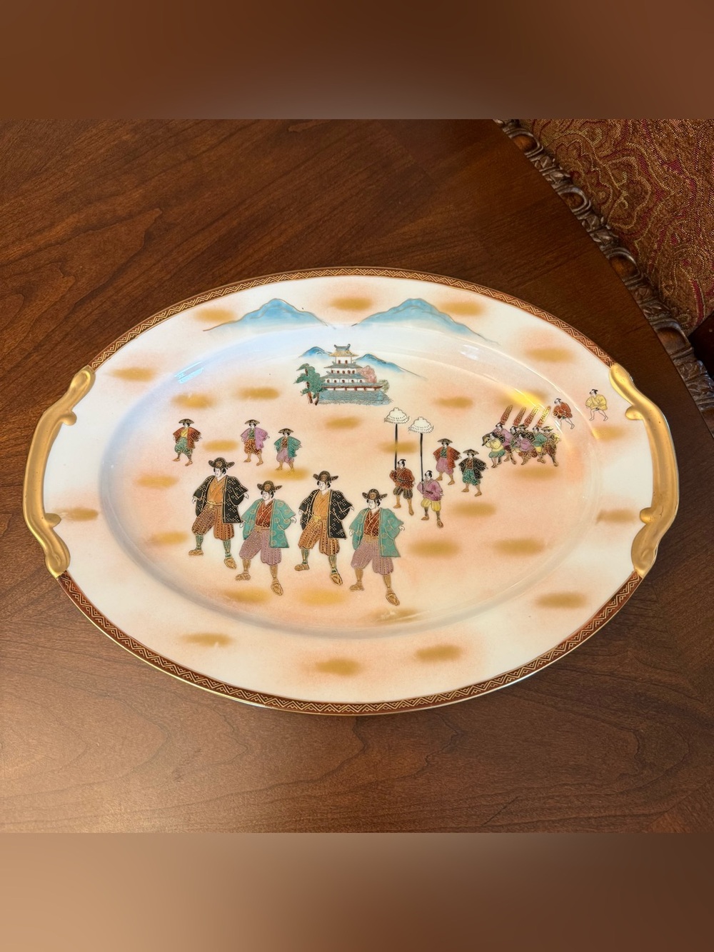 Vintage Soko China Japanese 16.5” Porcelain Oval Platter Satsuma Style Gold Gilt